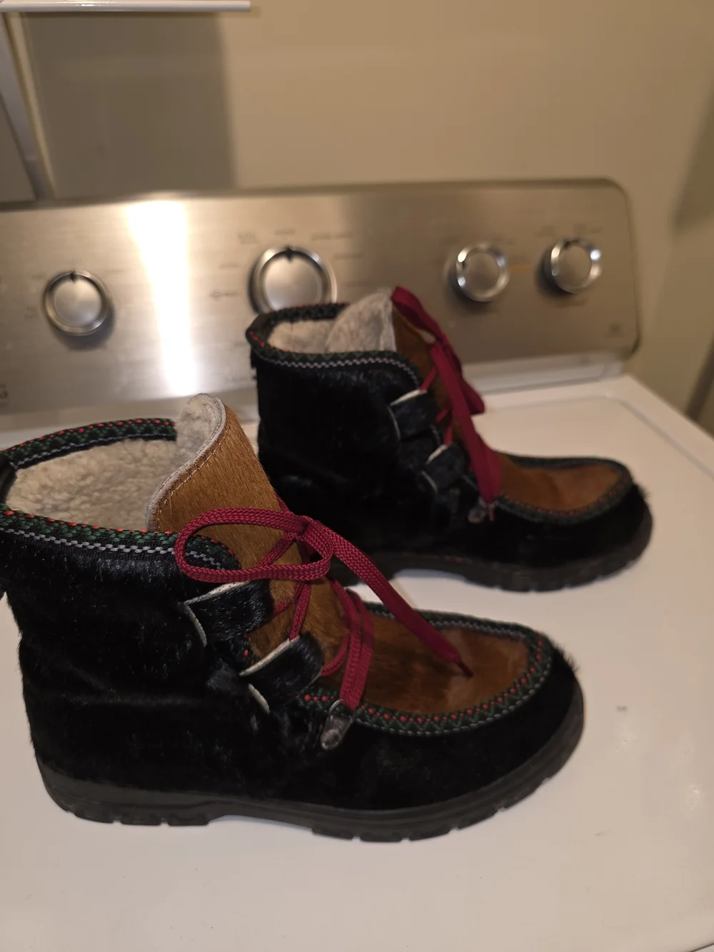 Penelope Chilvers Black & Tan Pony Hair Lace-Up Ankle Boots with Red Laces